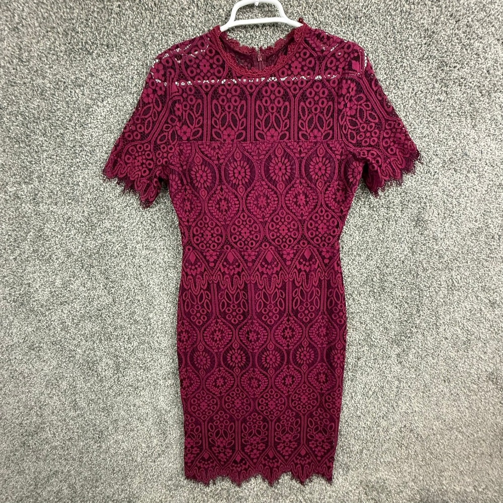 Lulus Burgundy Lace Sheath Dress Short Sleeve Floral Eyelash Trim Medium